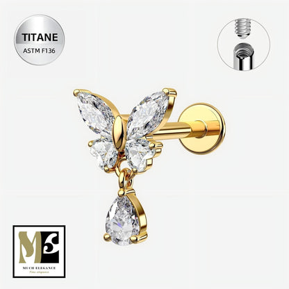 AMARIA – Piercing Papillon en Titane ASTM F - 136 | Ailes Cristal & Goutte Suspendue (Or 18K ou Argent) - Much Elegance