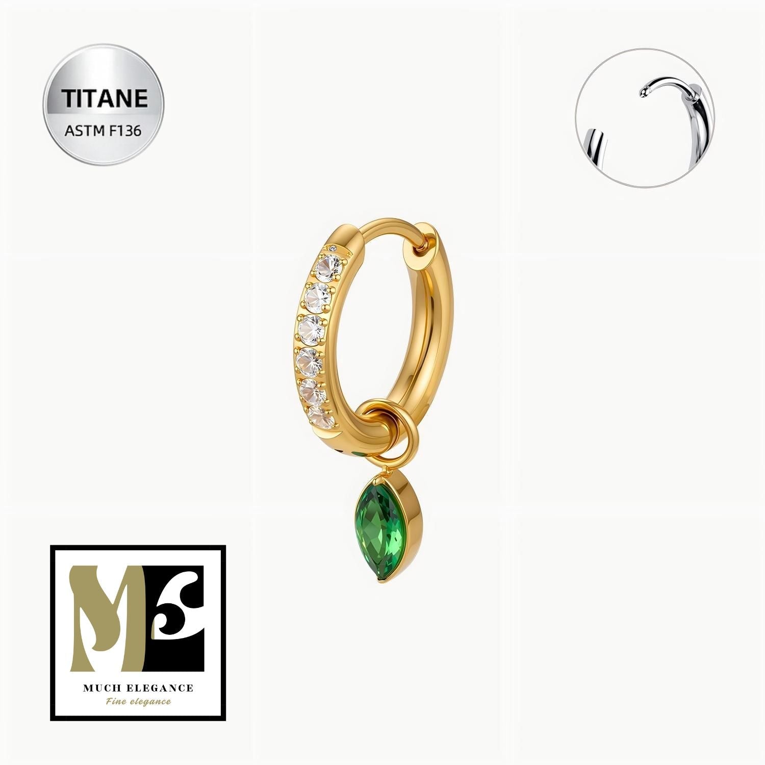 ELERIA VERDIA – Créole en Titane ASTM F - 136 Plaqué Or 18K | Cristaux & Goutte Verte - Much Elegance