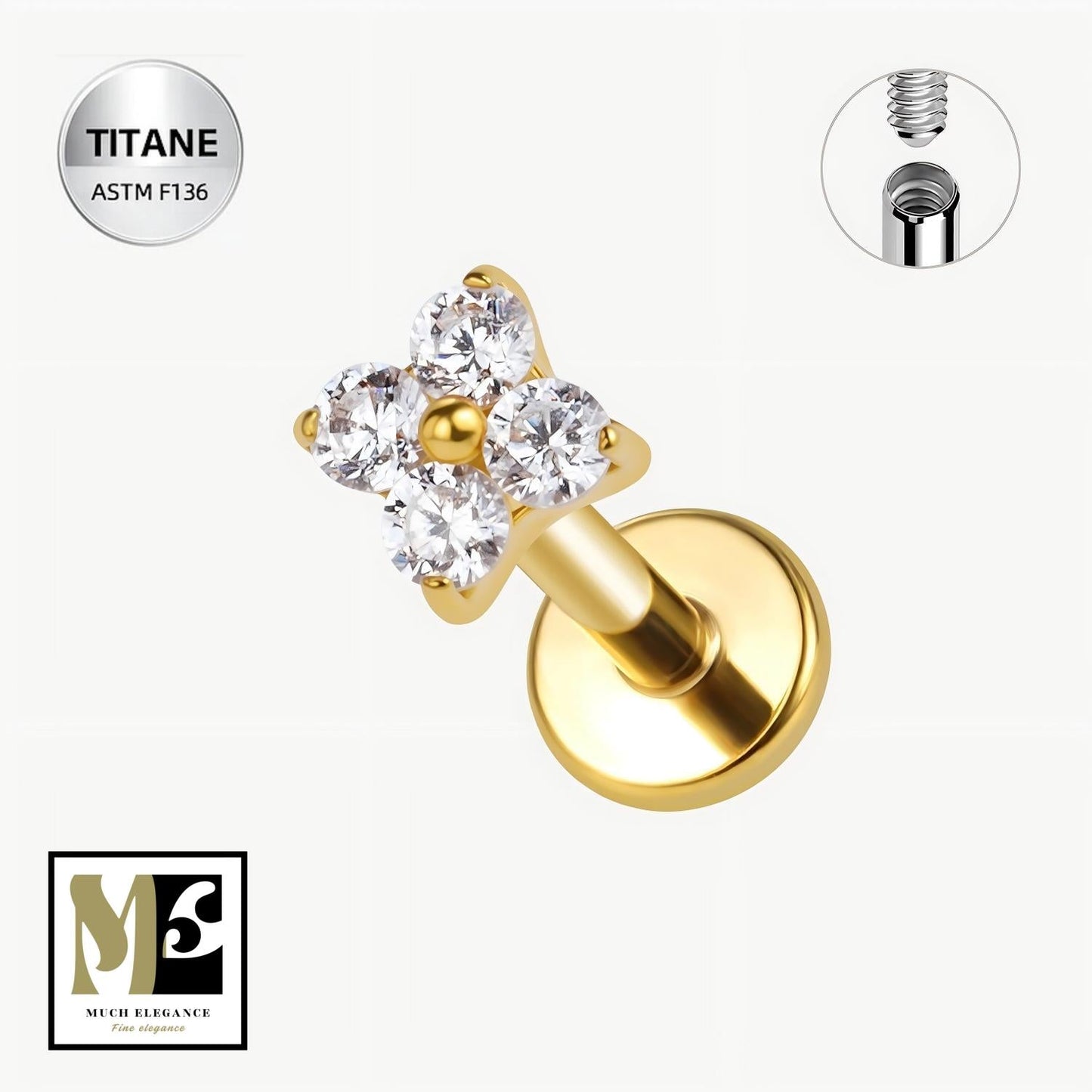 NOELIA – Piercing en Titane ASTM F - 136 plaqué or 18K | Fleur de Lumière & Cristal Étincelant - Much Elegance